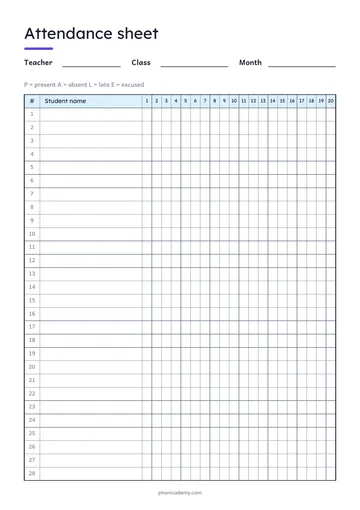 Attendance Sheet template preview: portrait A4 or US Letter page, free editable PDF