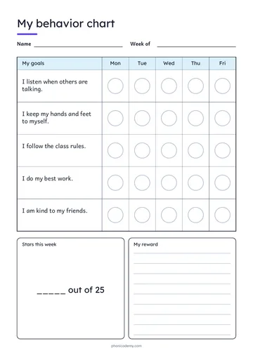 Behavior Chart template preview: portrait A4 or US Letter page, free editable PDF