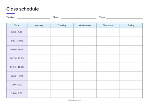 Class Schedule template preview: landscape A4 or US Letter page, free editable PDF
