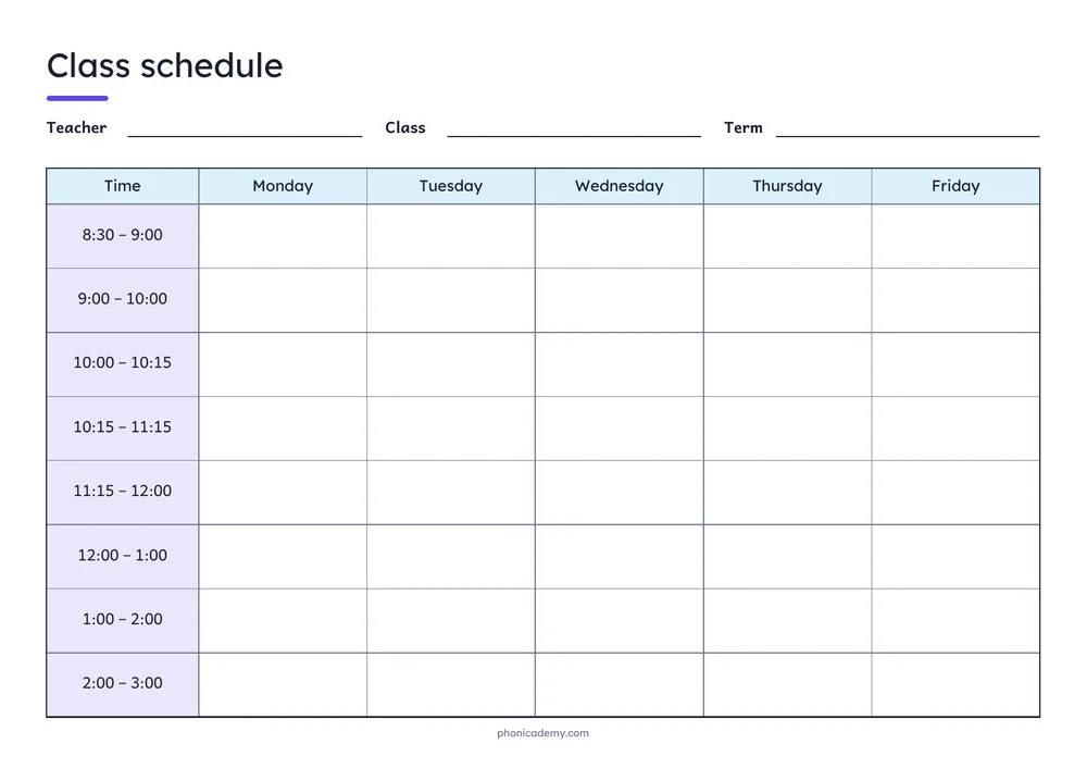 Class Schedule template preview: landscape A4 or US Letter page, free editable PDF