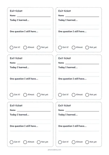 Exit Ticket template preview: portrait A4 or US Letter page, free editable PDF