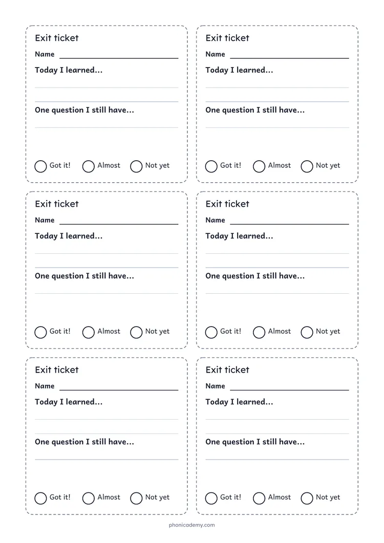 Exit Ticket template preview: portrait A4 or US Letter page, free editable PDF