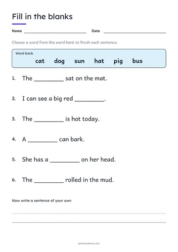 Fill in the Blanks Worksheet template preview: portrait A4 or US Letter page, free editable PDF
