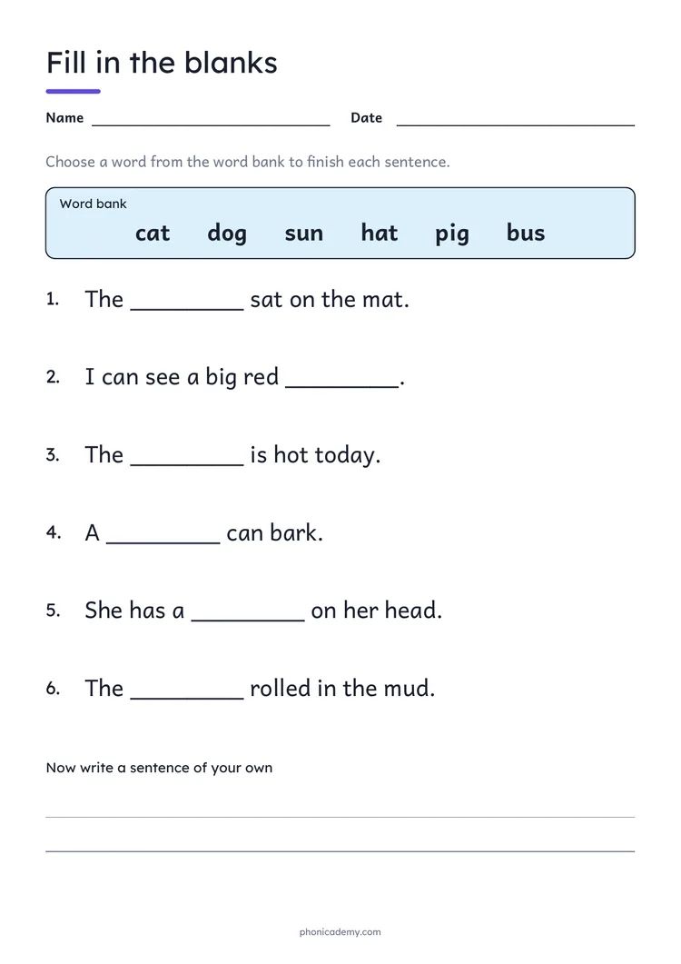 Fill in the Blanks Worksheet template preview: portrait A4 or US Letter page, free editable PDF