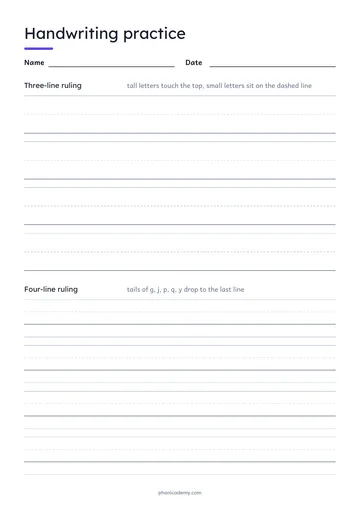 Handwriting Practice Sheet template preview: portrait A4 or US Letter page, free editable PDF