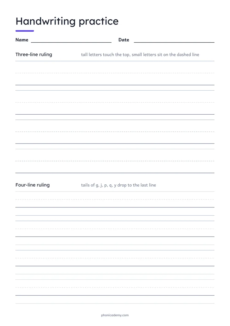 Handwriting Practice Sheet template preview: portrait A4 or US Letter page, free editable PDF