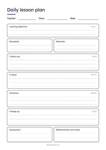 Daily Lesson Plan template preview: portrait A4 or US Letter page, free editable PDF
