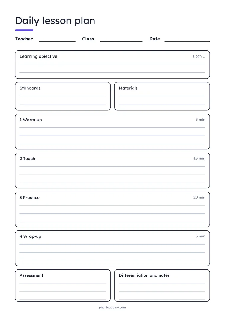 Daily Lesson Plan template preview: portrait A4 or US Letter page, free editable PDF
