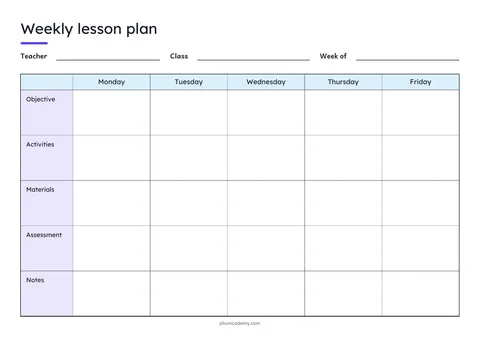 Weekly Lesson Plan template preview: landscape A4 or US Letter page, free editable PDF