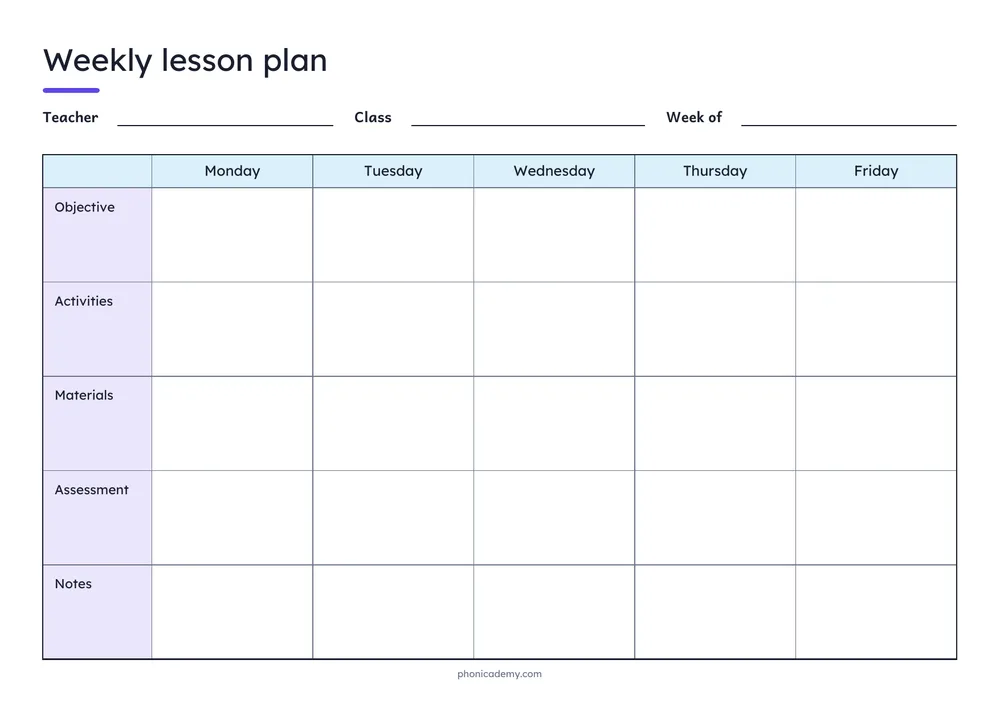 Weekly Lesson Plan template preview: landscape A4 or US Letter page, free editable PDF