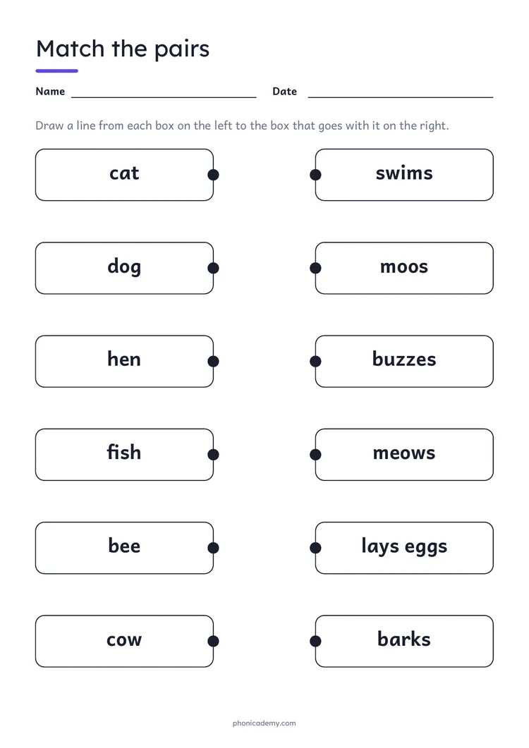 Matching Worksheet template preview: portrait A4 or US Letter page, free editable PDF