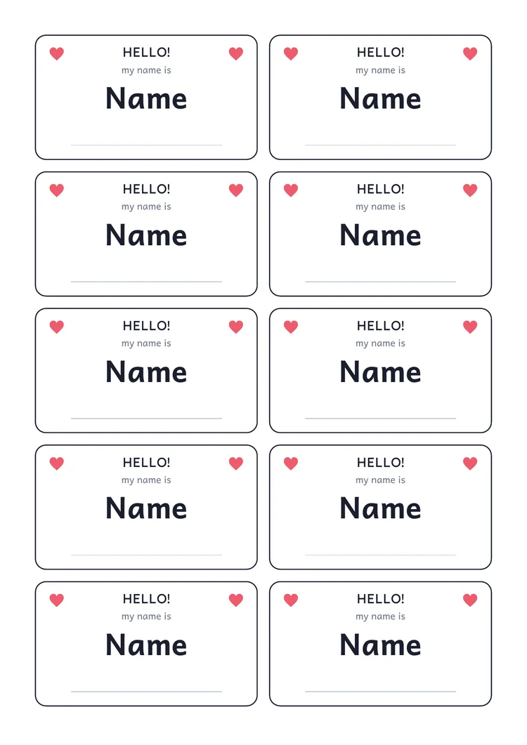 Name Tags & Desk Labels template preview: portrait A4 or US Letter page, free editable PDF
