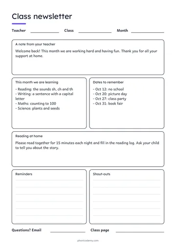 Parent Newsletter template preview: portrait A4 or US Letter page, free editable PDF