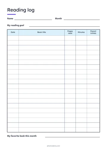 Reading Log template preview: portrait A4 or US Letter page, free editable PDF