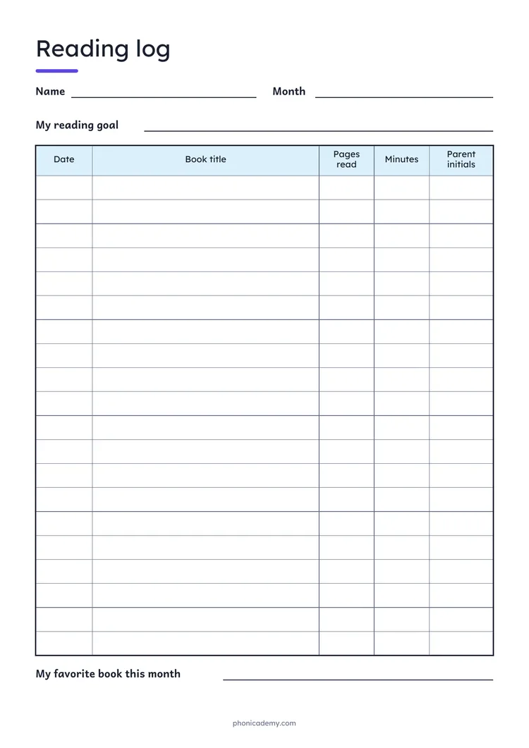 Reading Log template preview: portrait A4 or US Letter page, free editable PDF