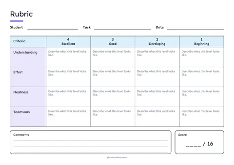 Grading Rubric template preview: landscape A4 or US Letter page, free editable PDF