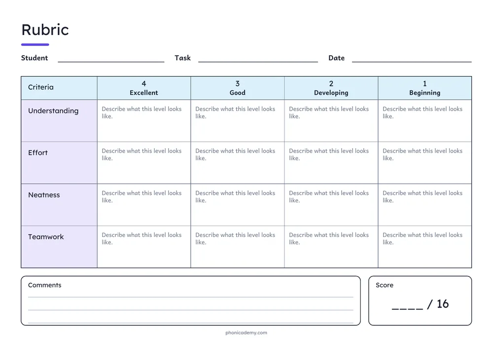 Grading Rubric template preview: landscape A4 or US Letter page, free editable PDF