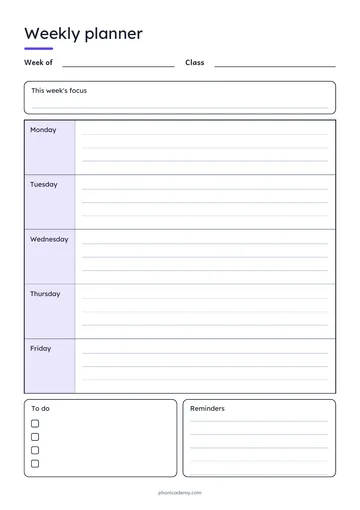 Weekly Teacher Planner template preview: portrait A4 or US Letter page, free editable PDF