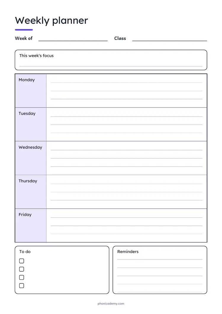 Weekly Teacher Planner template preview: portrait A4 or US Letter page, free editable PDF