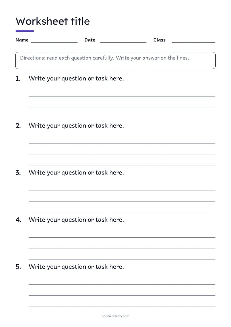 Blank Worksheet template preview: portrait A4 or US Letter page, free editable PDF